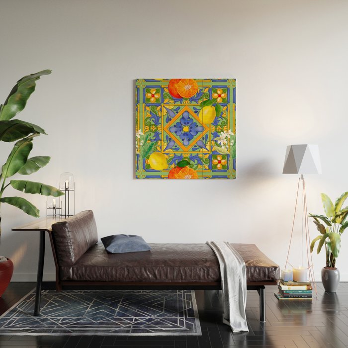 Summer ,Sicilian tiles ,citrus,oranges,majolica,lemons ,Mediterranean  Wood Wall Art Gallery Image 2