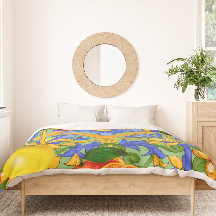 Summer ,Sicilian tiles ,citrus,oranges,majolica,lemons ,Mediterranean  Duvet Cover Gallery Image 3