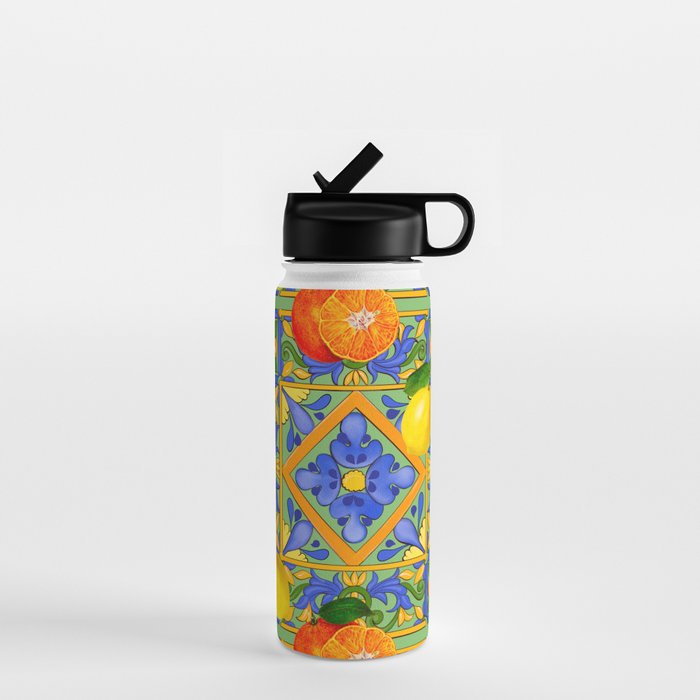 Summer ,Sicilian Tiles ,Citrus,Oranges,Majolica,Lemons ,Mediterranean  Water Bottle Gallery Image 1