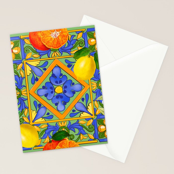 Summer ,Sicilian tiles ,citrus,oranges,majolica,lemons ,Mediterranean  Stationery Card Gallery Image 2