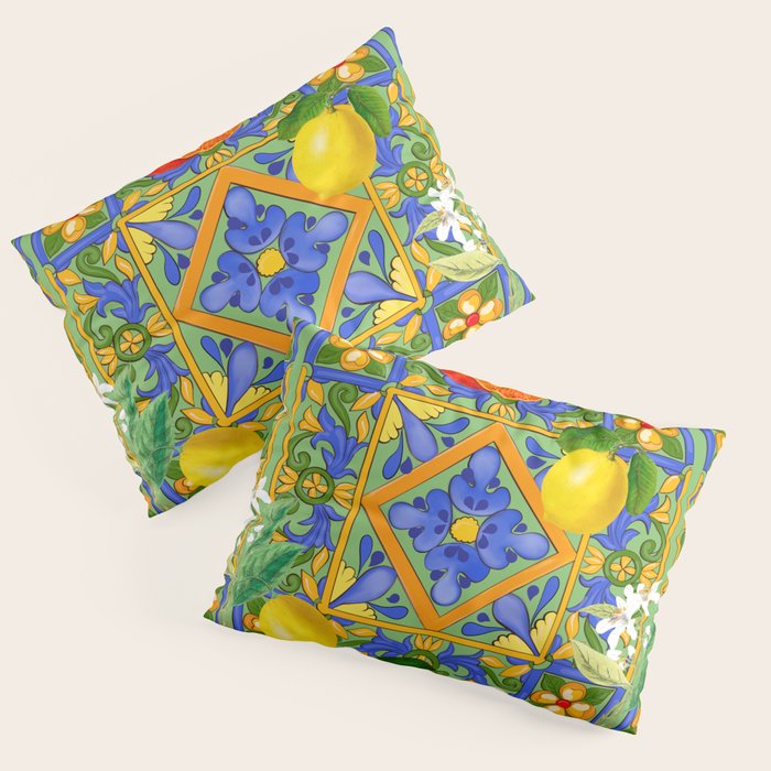 Summer ,Sicilian tiles ,citrus,oranges,majolica,lemons ,Mediterranean  Pillow Sham Gallery Image 1