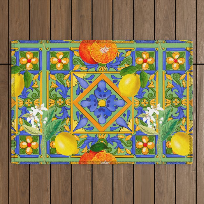 Summer ,Sicilian tiles ,citrus,oranges,majolica,lemons ,Mediterranean  Outdoor Rug Gallery Image 1