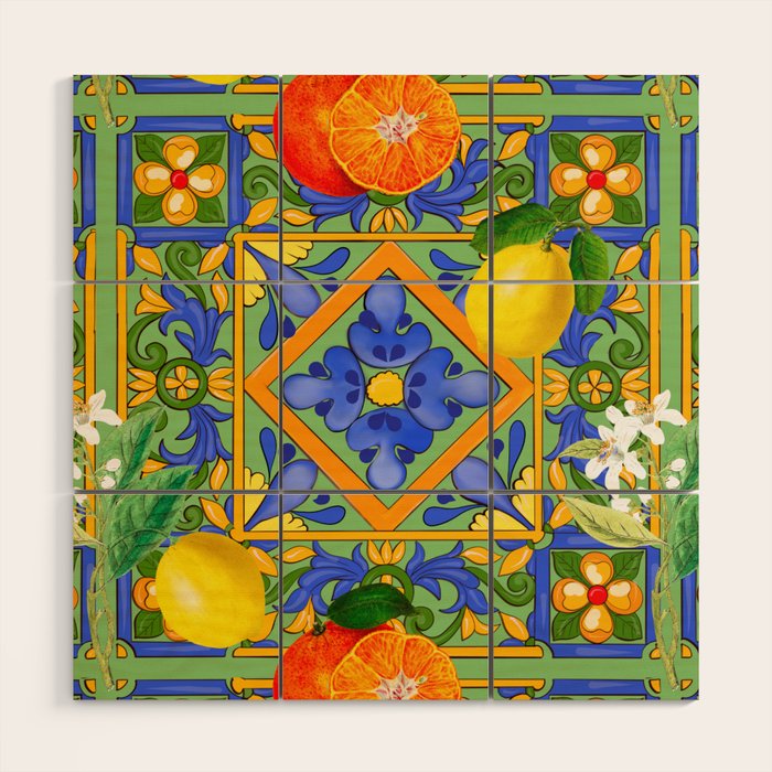 Summer ,Sicilian tiles ,citrus,oranges,majolica,lemons ,Mediterranean  Wood Wall Art Gallery Image 1