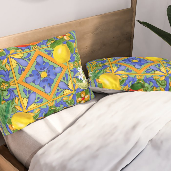 Summer ,Sicilian tiles ,citrus,oranges,majolica,lemons ,Mediterranean  Pillow Sham Gallery Image 2