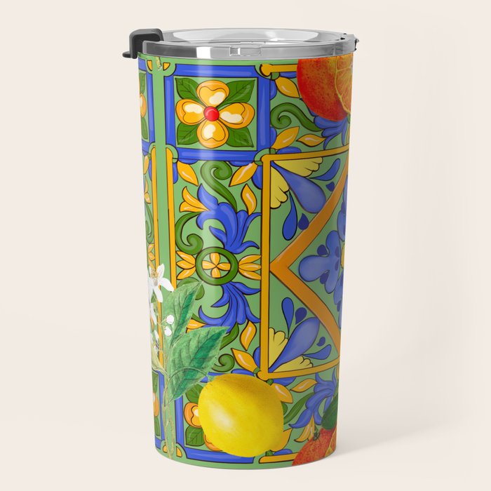 Summer ,Sicilian tiles ,citrus,oranges,majolica,lemons ,Mediterranean  Travel Mug Gallery Image 3