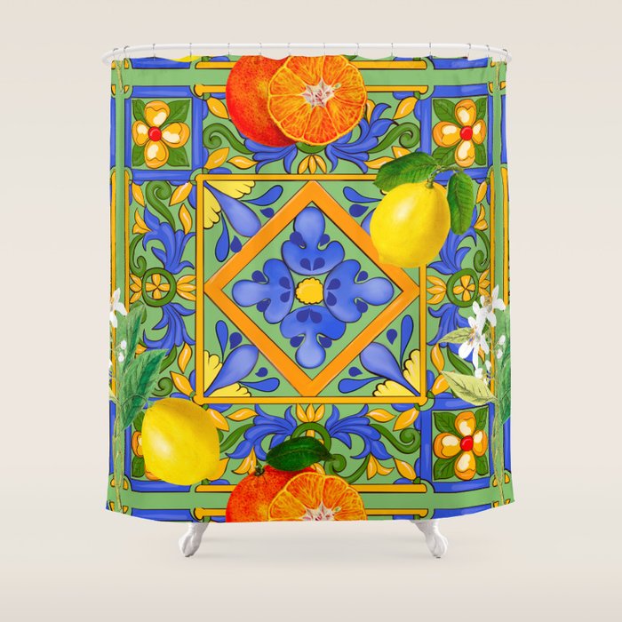 Summer ,Sicilian tiles ,citrus,oranges,majolica,lemons ,Mediterranean  Shower Curtain Gallery Image 1