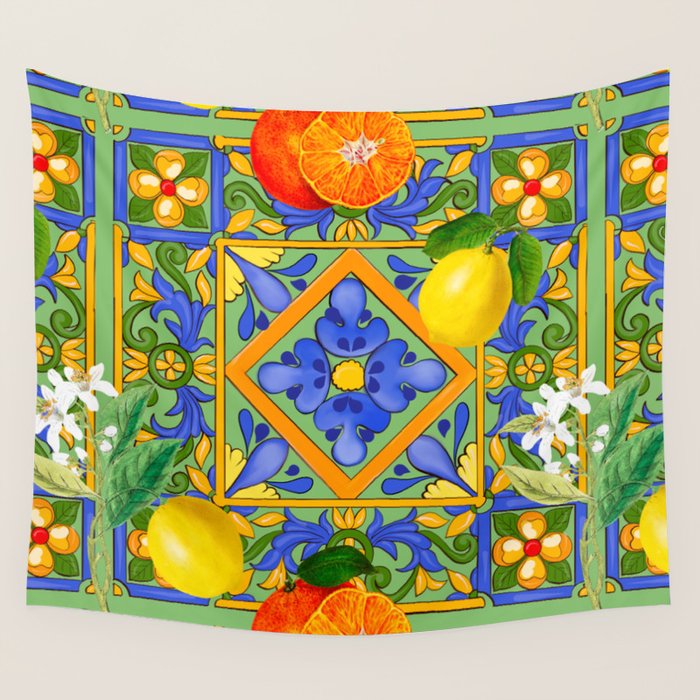 Summer ,Sicilian tiles ,citrus,oranges,majolica,lemons ,Mediterranean  Wall Tapestry Gallery Image 1