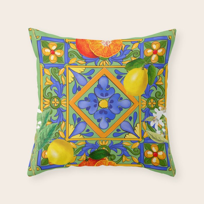 Summer ,Sicilian tiles ,citrus,oranges,majolica,lemons ,Mediterranean  Throw Pillow Gallery Image 1
