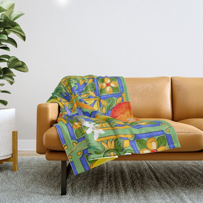 Summer ,Sicilian tiles ,citrus,oranges,majolica,lemons ,Mediterranean  Throw Blanket Gallery Image 1