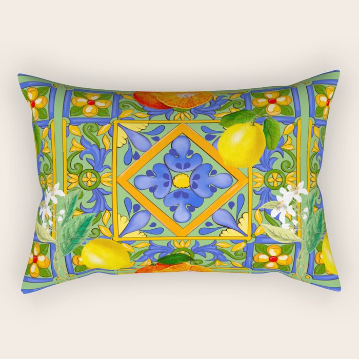 Summer ,Sicilian tiles ,citrus,oranges,majolica,lemons ,Mediterranean  Rectangular Pillow Gallery Image 2