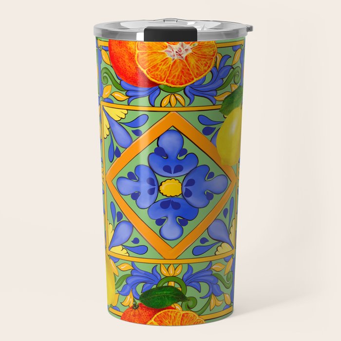 Summer ,Sicilian tiles ,citrus,oranges,majolica,lemons ,Mediterranean  Travel Mug Gallery Image 1