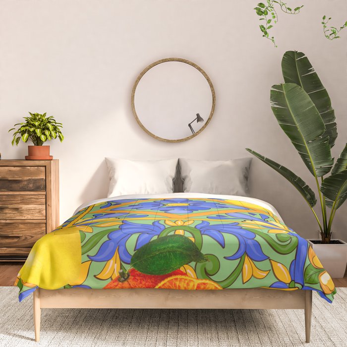 Summer ,Sicilian tiles ,citrus,oranges,majolica,lemons ,Mediterranean  Comforter Gallery Image 3