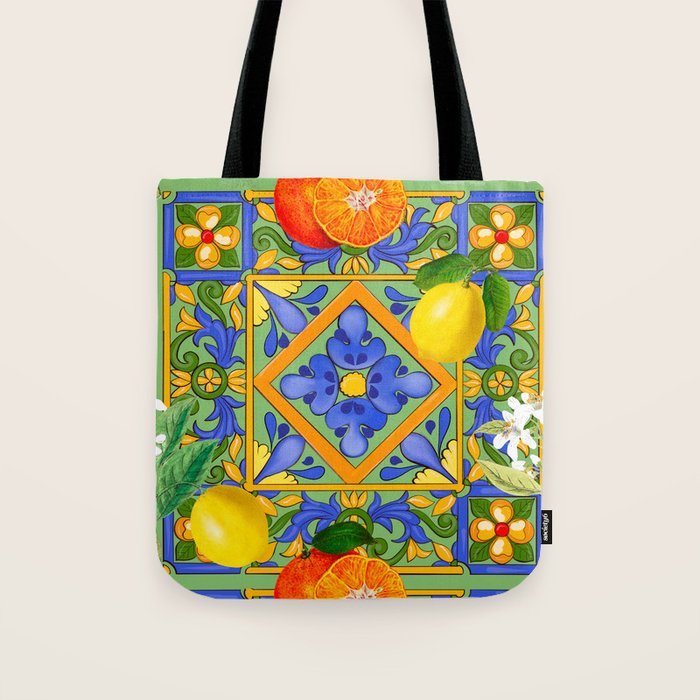 Summer ,Sicilian tiles ,citrus,oranges,majolica,lemons ,Mediterranean  Tote Bag Gallery Image 1