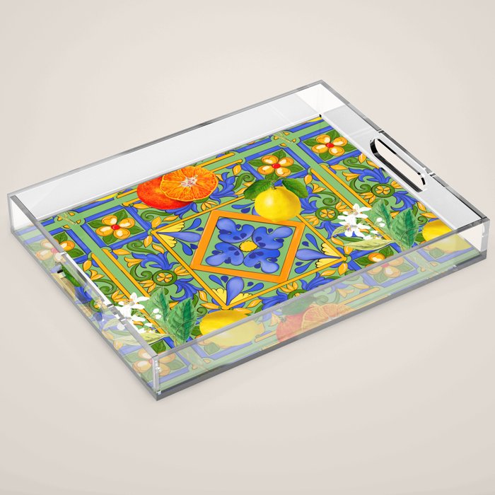 Summer ,Sicilian tiles ,citrus,oranges,majolica,lemons ,Mediterranean  Acrylic Tray Gallery Image 1