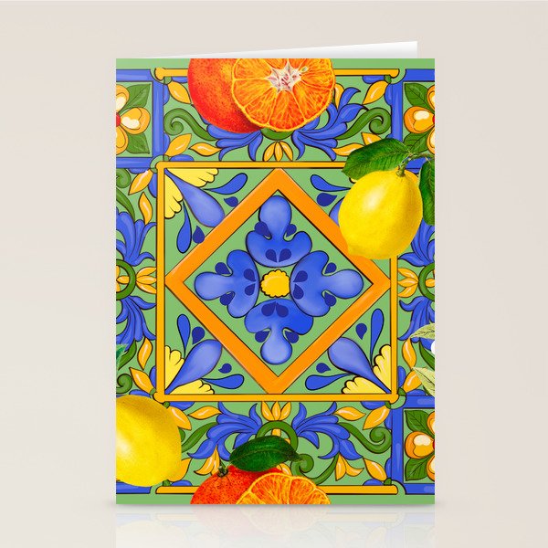 Summer ,Sicilian tiles ,citrus,oranges,majolica,lemons ,Mediterranean  Stationery Card Gallery Image 1