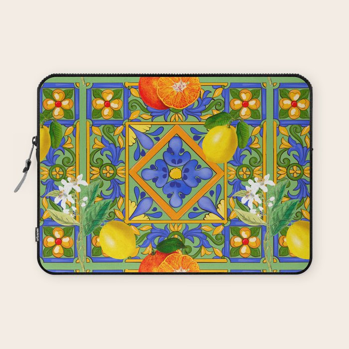 Summer ,Sicilian tiles ,citrus,oranges,majolica,lemons ,Mediterranean  Laptop Sleeve Gallery Image 1