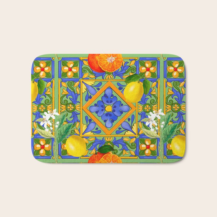 Summer ,Sicilian tiles ,citrus,oranges,majolica,lemons ,Mediterranean  Bath Mat Gallery Image 1