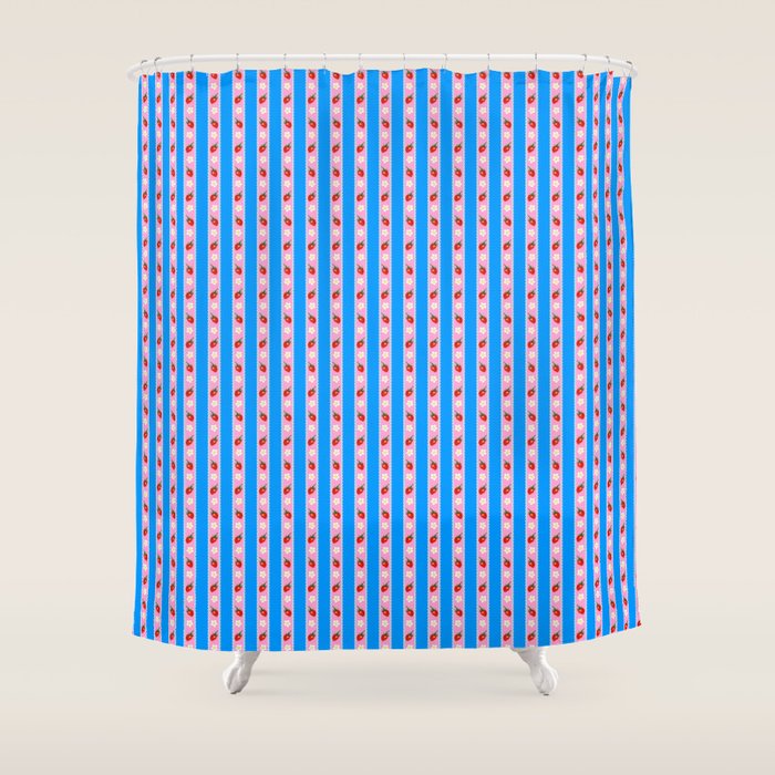 Strawberry Ribbons On Blue Shower Curtain Gallery Image 1