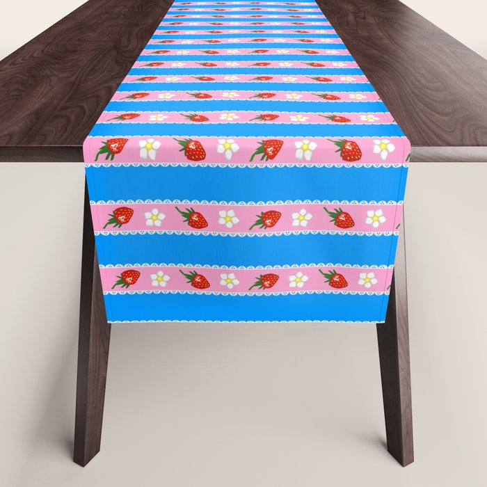Strawberry Ribbons On Blue Table Runner Gallery Image 1