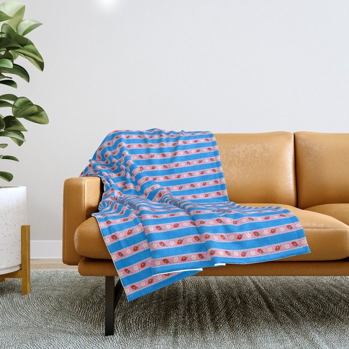 Strawberry Ribbons On Blue Throw Blanket Gallery Image 1