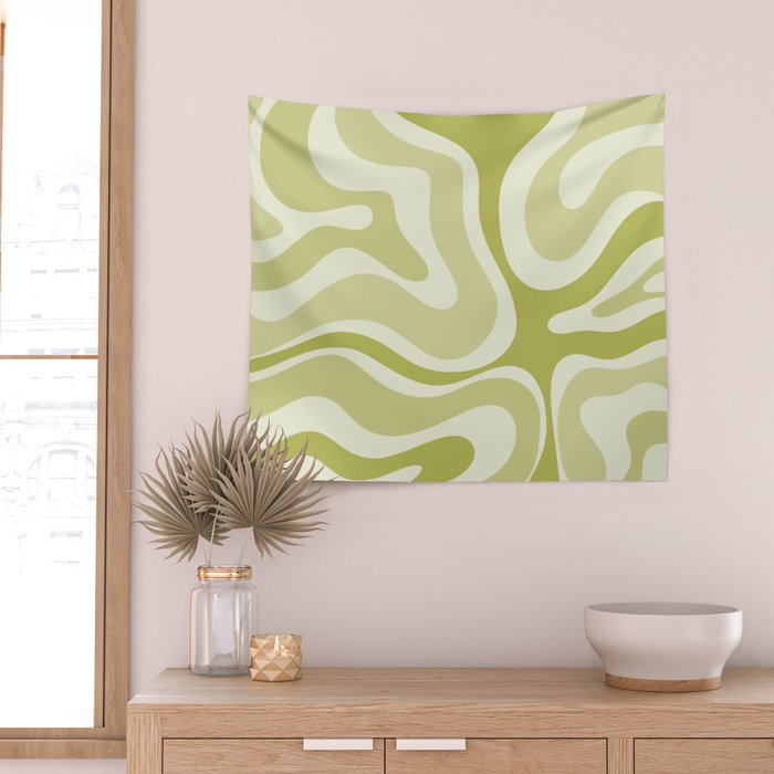 Modern Retro Liquid Swirl Abstract in Light Lime Avocado Green Tones Wall Tapestry Gallery Image 2
