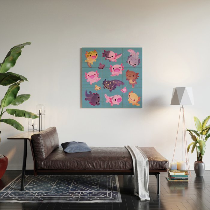 Happy axolotl - blue Wood Wall Art Gallery Image 2