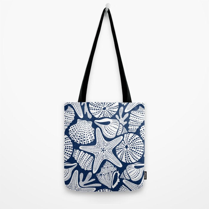 Ocean Floor Nautical Shells Navy Blue Tote Bag Gallery Image 2