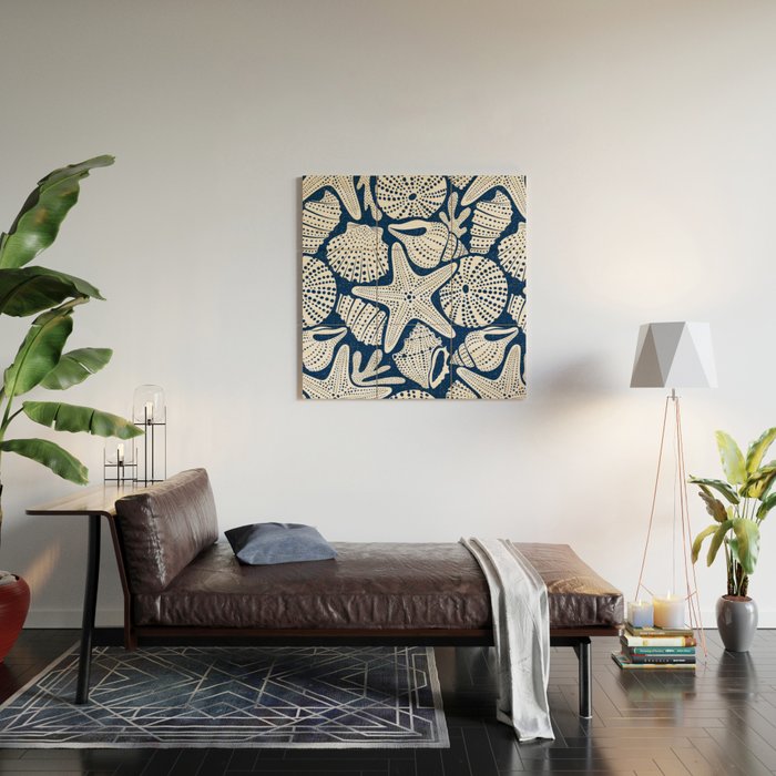 Ocean Floor Nautical Shells Navy Blue Wood Wall Art Gallery Image 2