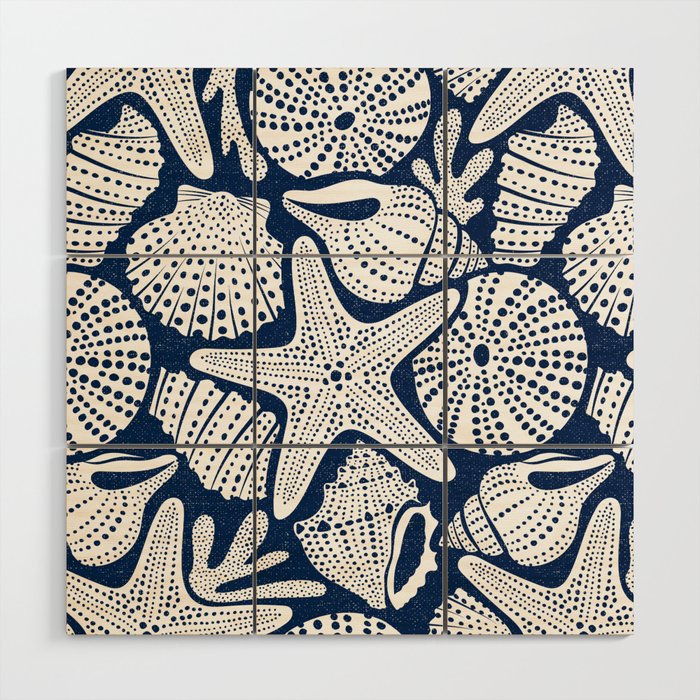 Ocean Floor Nautical Shells Navy Blue Wood Wall Art Gallery Image 1