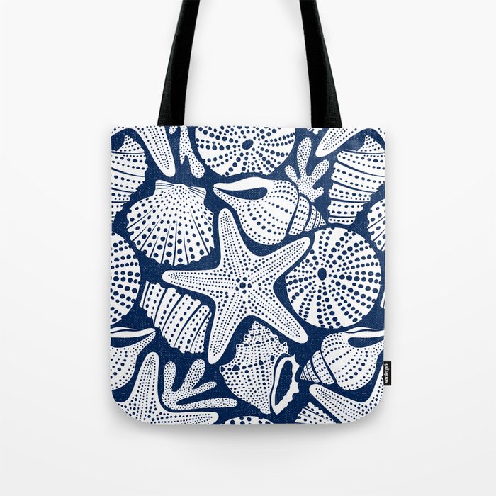 Ocean Floor Nautical Shells Navy Blue Tote Bag Gallery Image 1