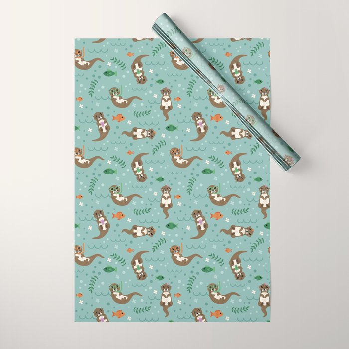Kawaii Otters Playing Underwater Wrapping Paper Gallery Image 1