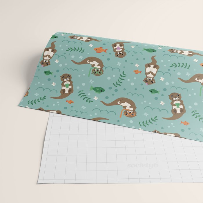 Kawaii Otters Playing Underwater Wrapping Paper Gallery Image 2