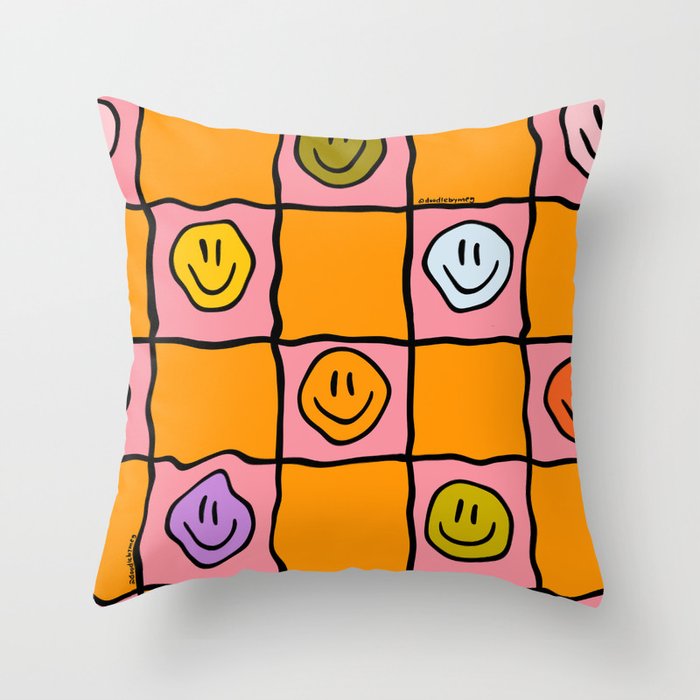 Pink Happy Face Checkered Print Throw Pillow Gallery Image 6