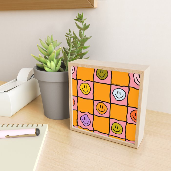 Pink Happy Face Checkered Print Mini Art Print Gallery Image 2