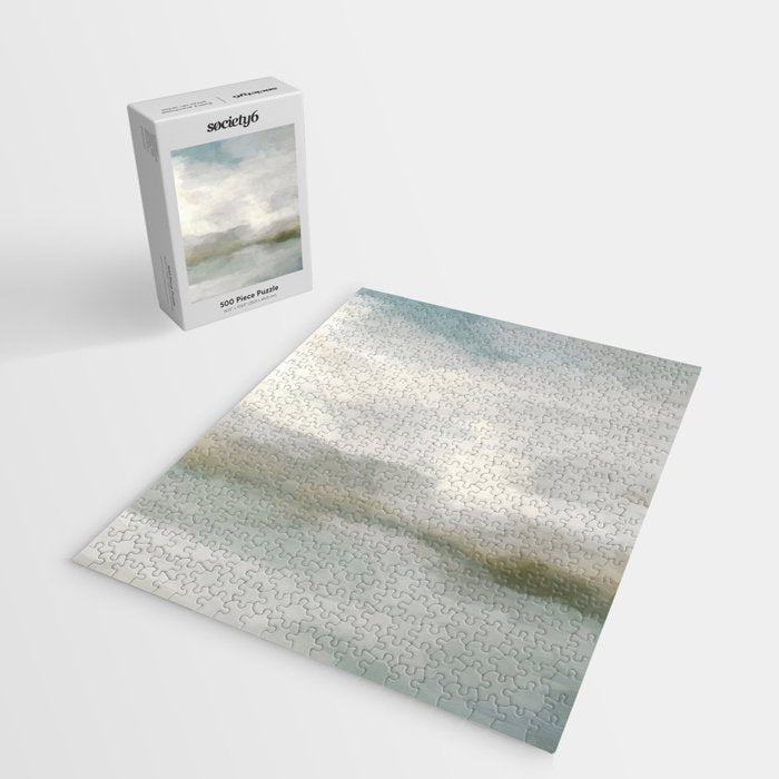 Break in the Weather II - Modern Abstract Painting, Light Teal, Sage Green Gray Cloudy Weather Ocean Jigsaw Puzzle Gallery Image 2