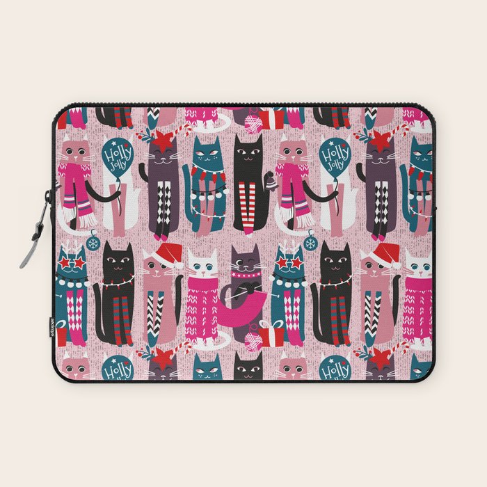 Feline Christmas vibes // pastel pink background green fuchsia pink white and black kittens Laptop Sleeve Gallery Image 1