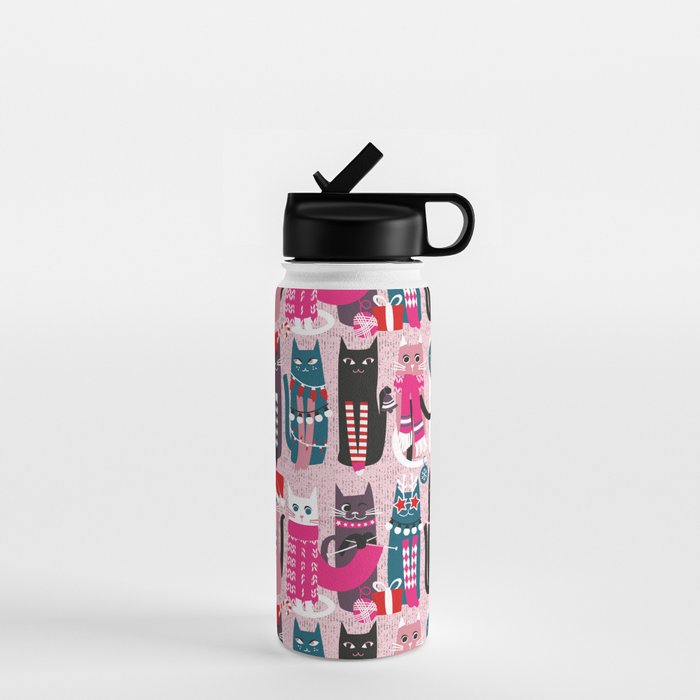 Feline Christmas vibes // pastel pink background green fuchsia pink white and black kittens Water Bottle Gallery Image 1