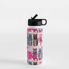 Feline Christmas vibes // pastel pink background green fuchsia pink white and black kittens Water Bottle Gallery Image 1