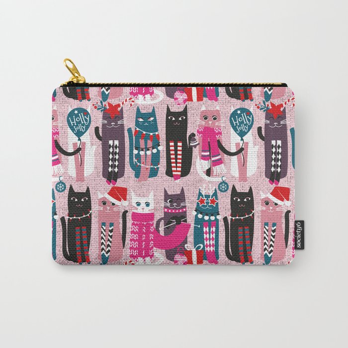Feline Christmas vibes // pastel pink background green fuchsia pink white and black kittens Carry All Pouch Gallery Image 1