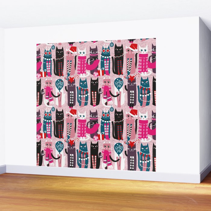 Feline Christmas vibes // pastel pink background green fuchsia pink white and black kittens Wall Mural Gallery Image 2