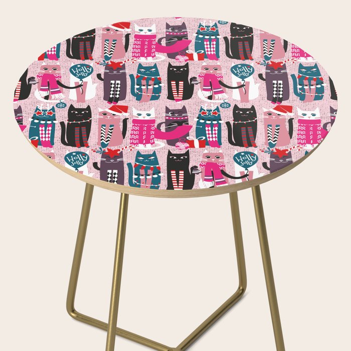 Feline Christmas vibes // pastel pink background green fuchsia pink white and black kittens Side Table Gallery Image 2