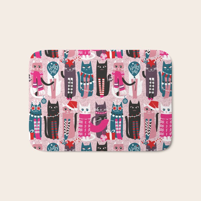 Feline Christmas vibes // pastel pink background green fuchsia pink white and black kittens Bath Mat Gallery Image 1