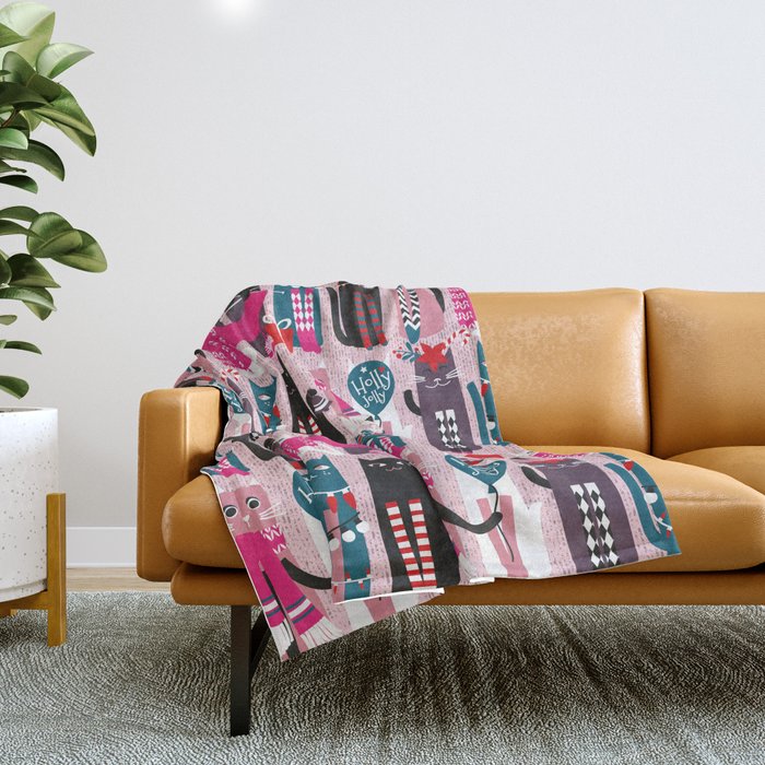 Feline Christmas vibes // pastel pink background green fuchsia pink white and black kittens Throw Blanket Gallery Image 1