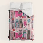 Feline Christmas vibes // pastel pink background green fuchsia pink white and black kittens Comforter Gallery Image 6