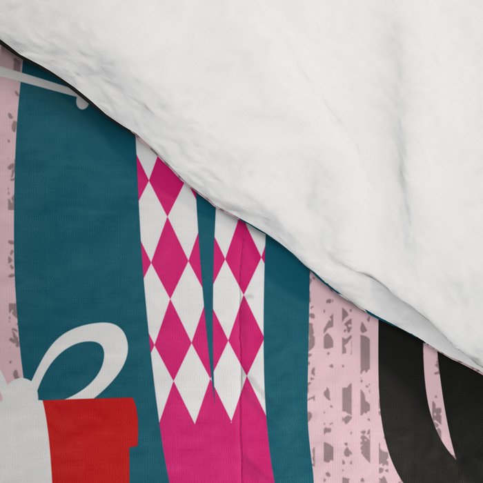 Feline Christmas vibes // pastel pink background green fuchsia pink white and black kittens Comforter Gallery Image 4