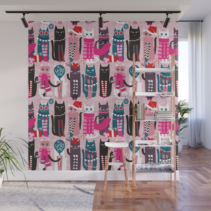 Feline Christmas vibes // pastel pink background green fuchsia pink white and black kittens Wall Mural Gallery Image 1