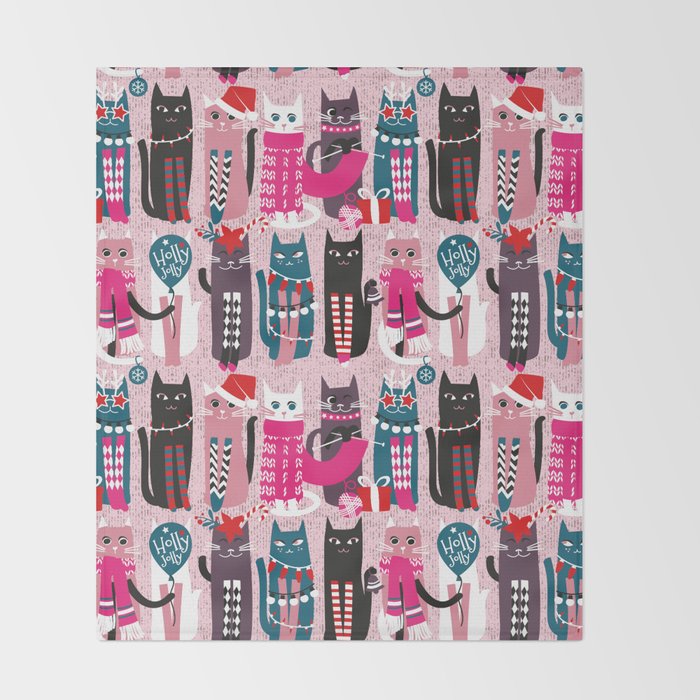 Feline Christmas vibes // pastel pink background green fuchsia pink white and black kittens Throw Blanket Gallery Image 2