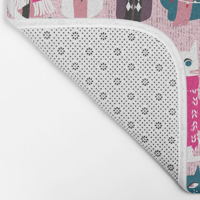 Feline Christmas vibes // pastel pink background green fuchsia pink white and black kittens Bath Mat Gallery Image 2