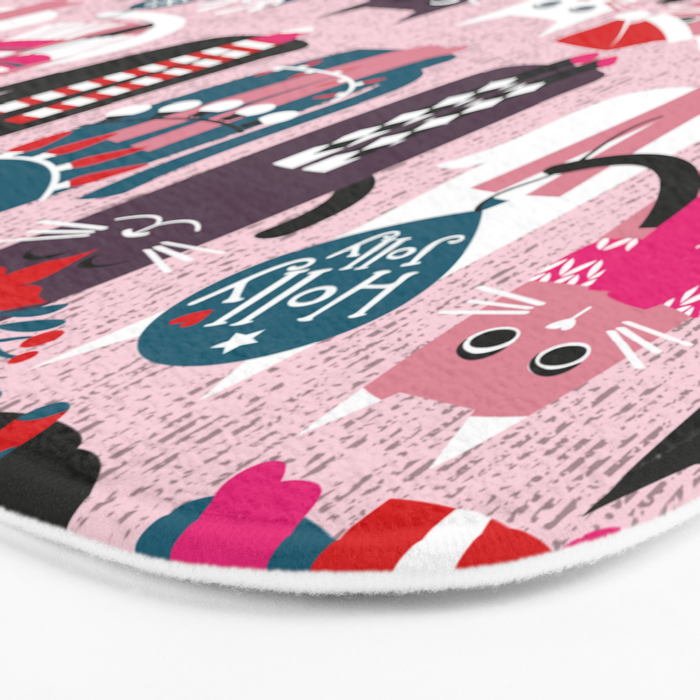 Feline Christmas vibes // pastel pink background green fuchsia pink white and black kittens Bath Mat Gallery Image 3