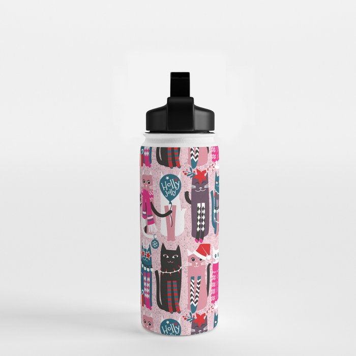 Feline Christmas vibes // pastel pink background green fuchsia pink white and black kittens Water Bottle Gallery Image 2